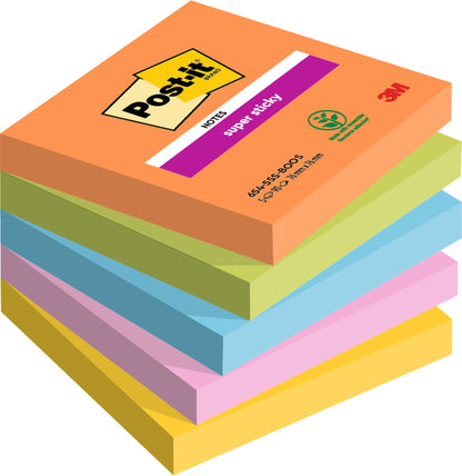 Post-it Super Sticky Notes Boost Color Collection, Pack of 5 Pads, 90 Sheets per Pad, 76 mm x 76 mm, Orange, Green, Pink, Yellow, Blue - Extra Sticky Notes For Note Taking, To Do Lists & Reminders