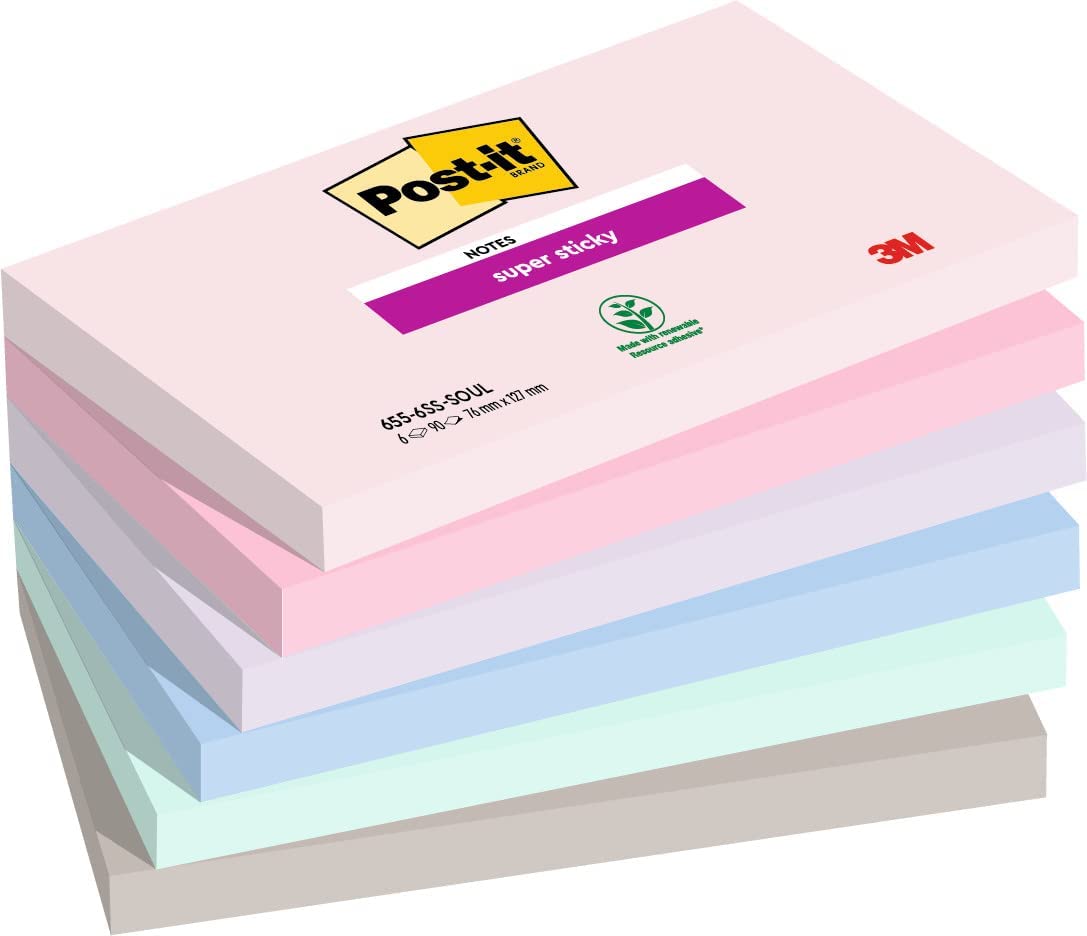 Post-it Super Sticky Notes Soulful Color Collection, Pack of 6 Pads, 90 Sheets per Pad, 76 mm x 127 mm, Pink, Purple, Green, Grey, Blue - Extra Sticky Notes For Note Taking, To Do Lists & Reminders