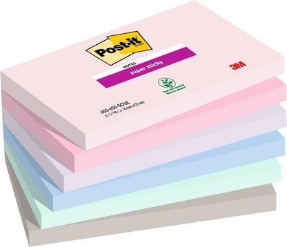 Post-it Super Sticky Notes Soulful Color Collection, Pack of 6 Pads, 90 Sheets per Pad, 76 mm x 127 mm, Pink, Purple, Green, Grey, Blue - Extra Sticky Notes For Note Taking, To Do Lists & Reminders