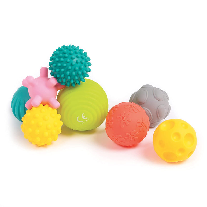 LUDI Set mit 8 Bällen für frühe Entwicklung Gemischte sensorische Bälle | Verschiedene Formen und Farben | Weiches Plastik | Ab 6 Monaten