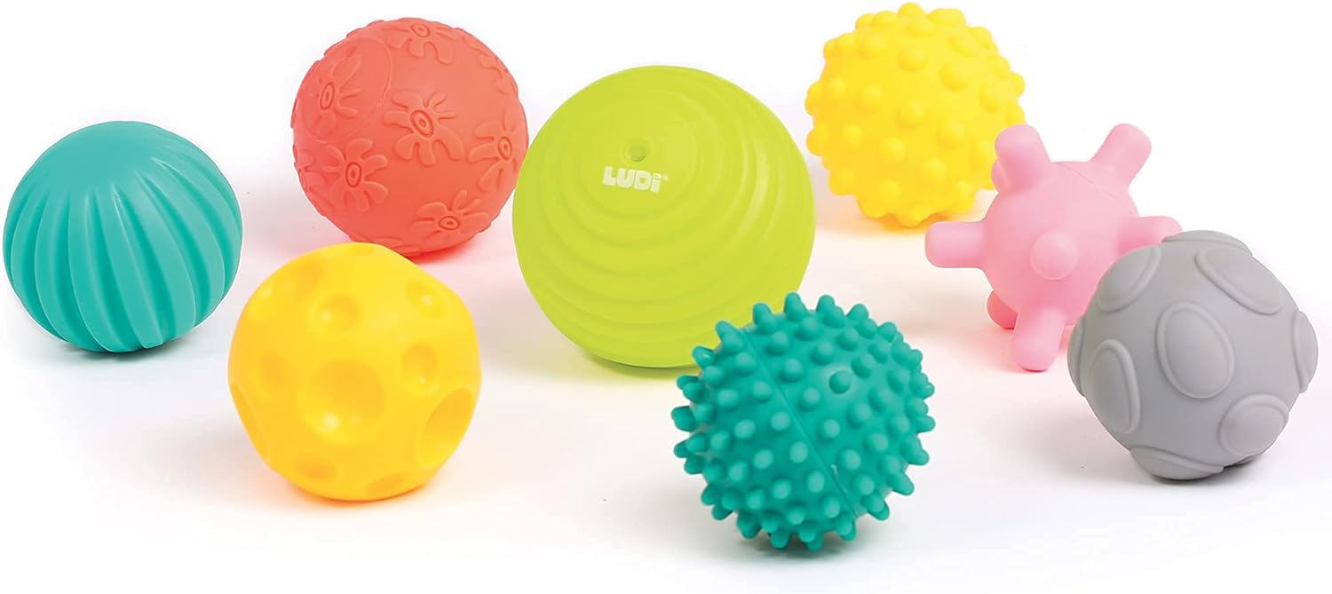 LUDI Set mit 8 Bällen für frühe Entwicklung Gemischte sensorische Bälle | Verschiedene Formen und Farben | Weiches Plastik | Ab 6 Monaten