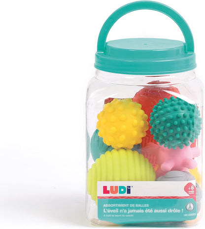 LUDI Set mit 8 Bällen für frühe Entwicklung Gemischte sensorische Bälle | Verschiedene Formen und Farben | Weiches Plastik | Ab 6 Monaten