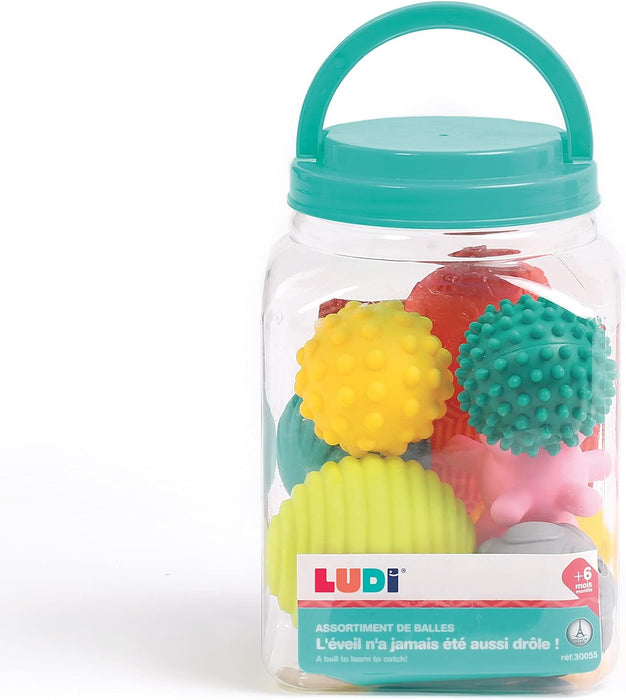 LUDI Set mit 8 Bällen für frühe Entwicklung Gemischte sensorische Bälle | Verschiedene Formen und Farben | Weiches Plastik | Ab 6 Monaten