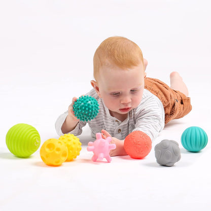 LUDI Set mit 8 Bällen für frühe Entwicklung Gemischte sensorische Bälle | Verschiedene Formen und Farben | Weiches Plastik | Ab 6 Monaten