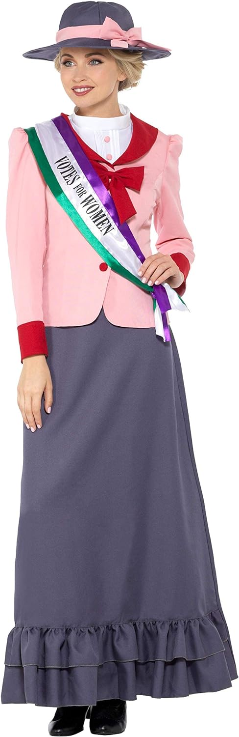 Smiffys Deluxe Victorian Suffragette Costume, Grey & Pink with Dress, Sash & Hat, Historical Fancy Dress, Adult Dress Up Costumes