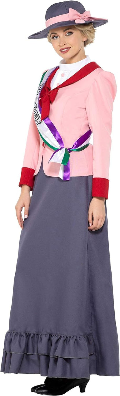 Smiffys Deluxe Victorian Suffragette Costume, Grey & Pink with Dress, Sash & Hat, Historical Fancy Dress, Adult Dress Up Costumes