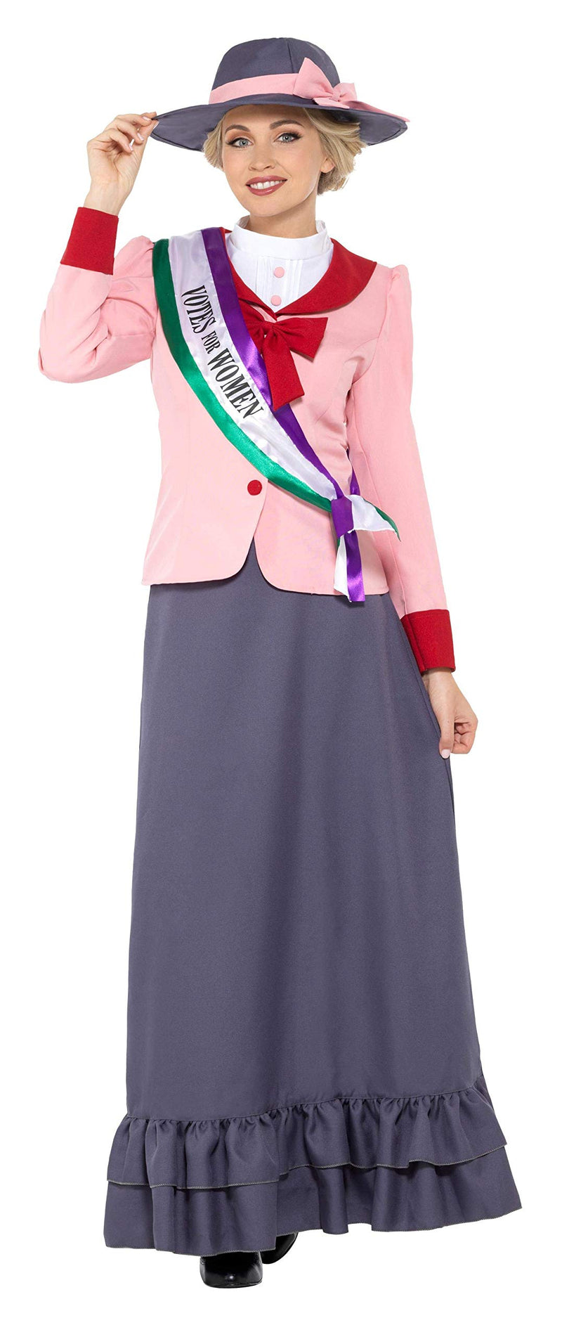 Smiffys Deluxe Victorian Suffragette Costume, Grey & Pink with Dress, Sash & Hat, Historical Fancy Dress, Adult Dress Up Costumes