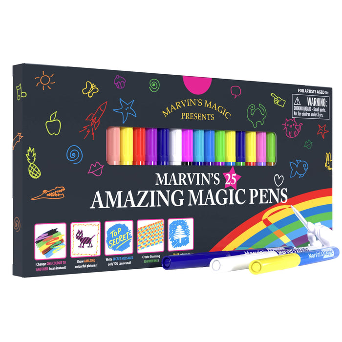 Marvin's Magic - Amazing Magic Pens - Colour Changing Magic Colouring Pens Set - Create 3D Lettering or Write Secret Messages - Magical Art Supplies - 25 Magical Coloured Pens