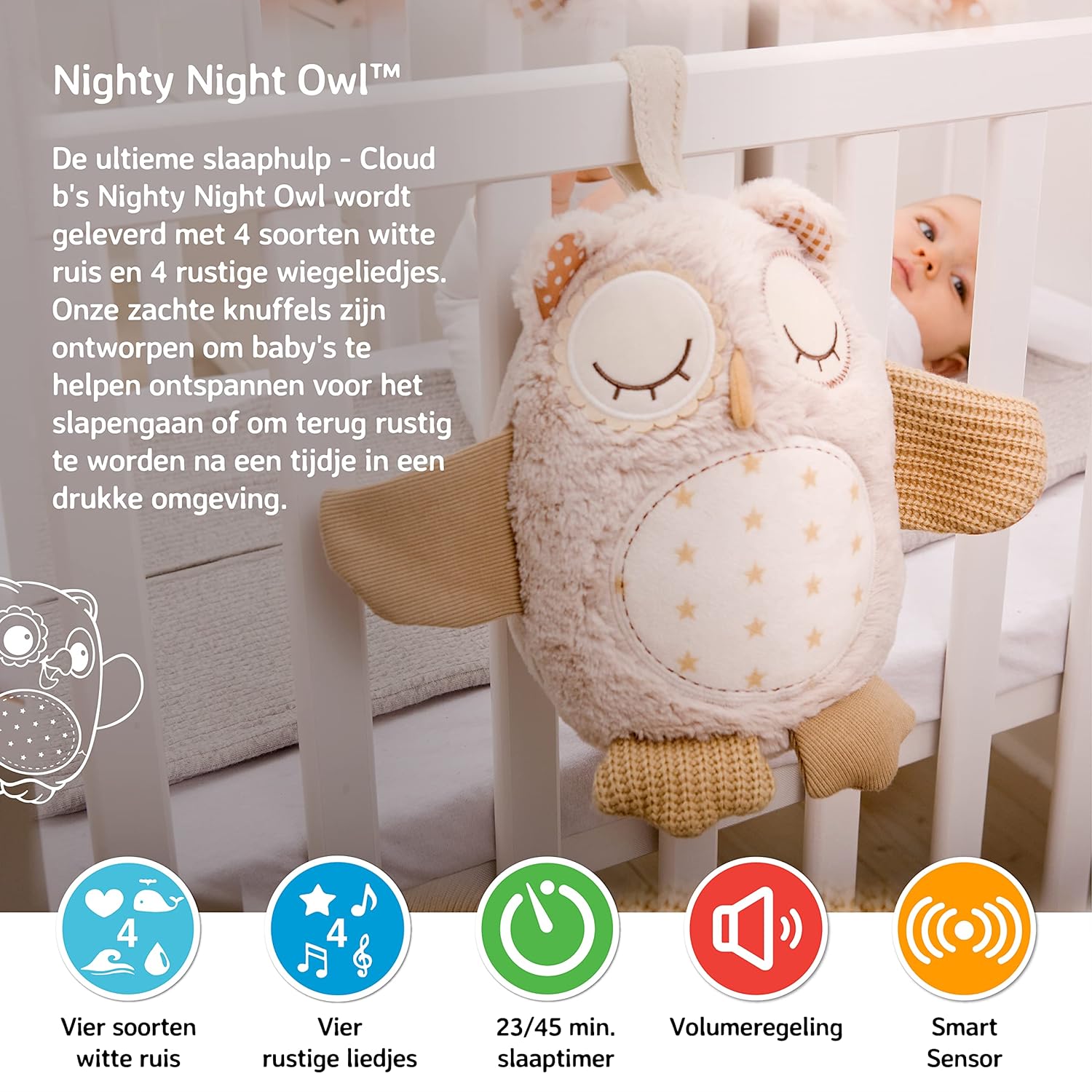 Cloud b Soothing Sound Machine | Cuddly Stuffed Animal | 4 White Noise and 4 Lullabies | Auto-Shutoff | Sound Sensor | Nighty Night Owl Smart Sensor