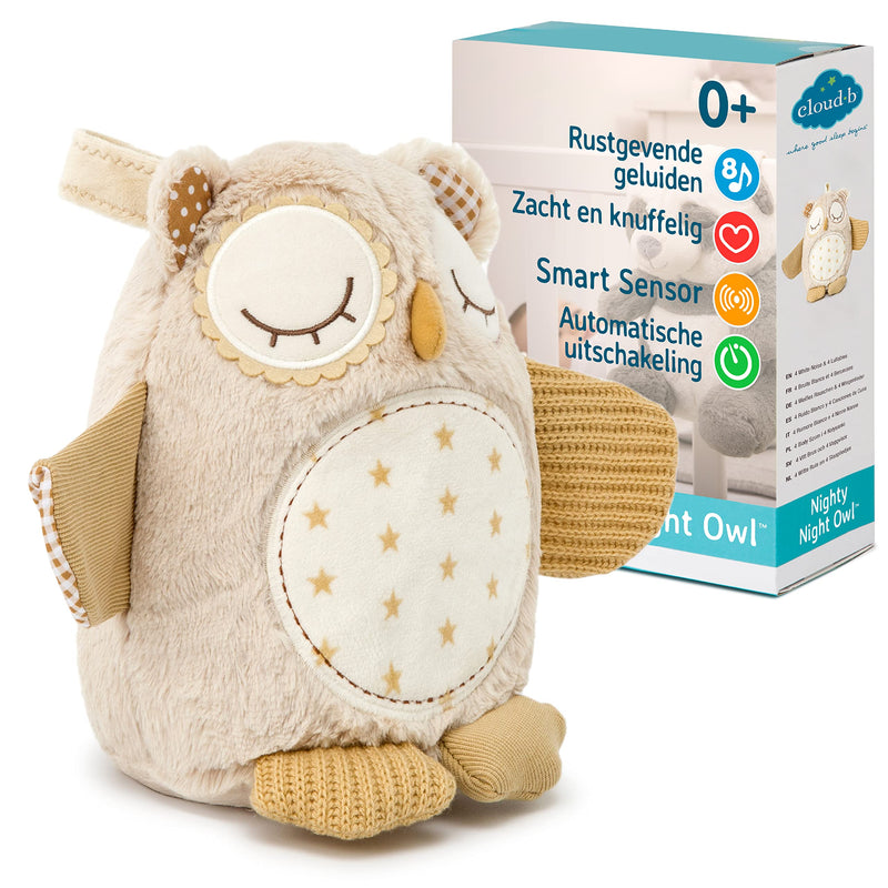 Cloud b Soothing Sound Machine | Cuddly Stuffed Animal | 4 White Noise and 4 Lullabies | Auto-Shutoff | Sound Sensor | Nighty Night Owl Smart Sensor