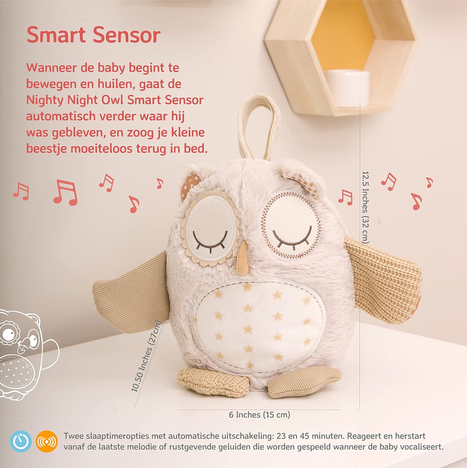 Cloud b Soothing Sound Machine | Cuddly Stuffed Animal | 4 White Noise and 4 Lullabies | Auto-Shutoff | Sound Sensor | Nighty Night Owl Smart Sensor