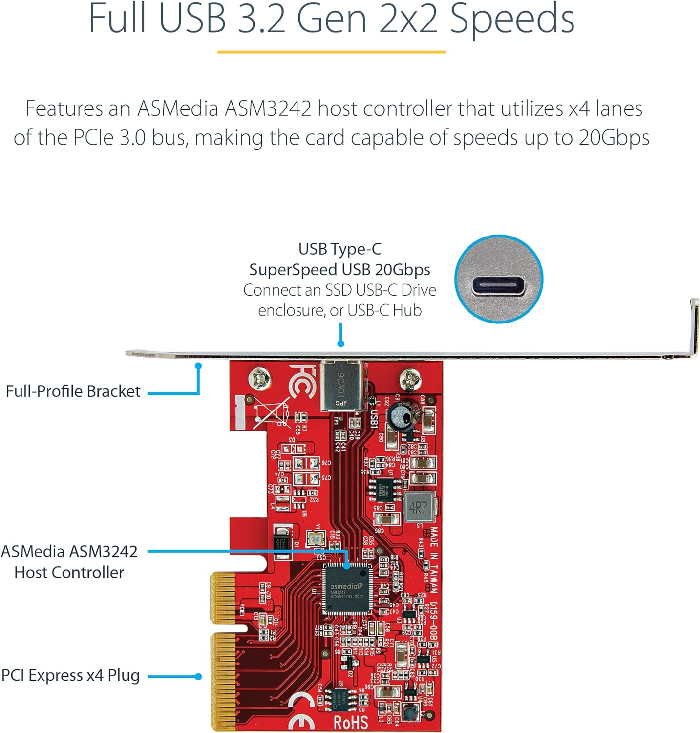 StarTech.com 1-Port USB 3.2 Gen 2x2 PCIe Card - USB-C SuperSpeed 20Gbps PCI Express 3.0 x4 Host Controller Card - USB Type-C PCIe Add-On Adapter Card - Expansion Card - Windows & Linux (PEXUSB321C