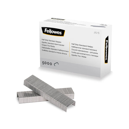 Fellowes Staples 26/6mm for Half Strip Staplers – Box of 5000, 1 Pack – Silver