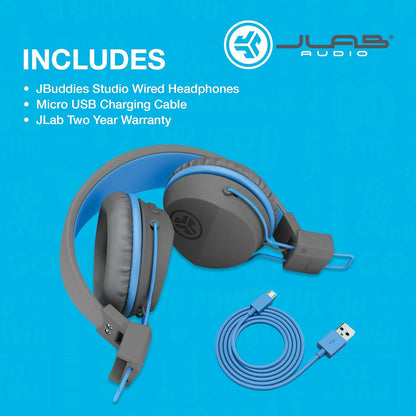 JLab JBuddies Studio Kids Headphones Wireless - Bluetooth Headphones Kids for Boys & Girls, Volume Limited Childrens Earphones with Mic, 24+ Hr Playtime, Noise Isolation, Sharing & Wired Mode, Blue Gray / Blue