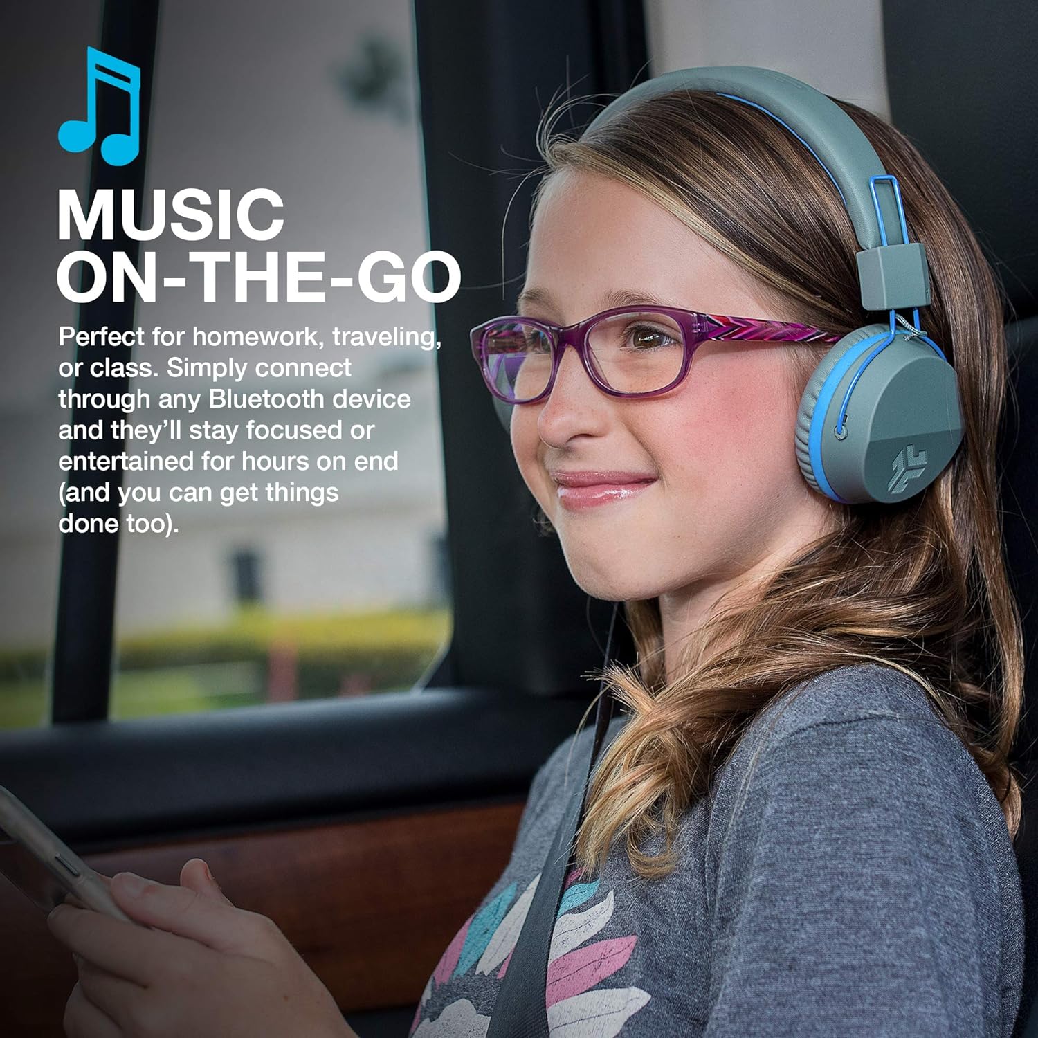 JLab JBuddies Studio Kids Headphones Wireless - Bluetooth Headphones Kids for Boys & Girls, Volume Limited Childrens Earphones with Mic, 24+ Hr Playtime, Noise Isolation, Sharing & Wired Mode, Blue Gray / Blue