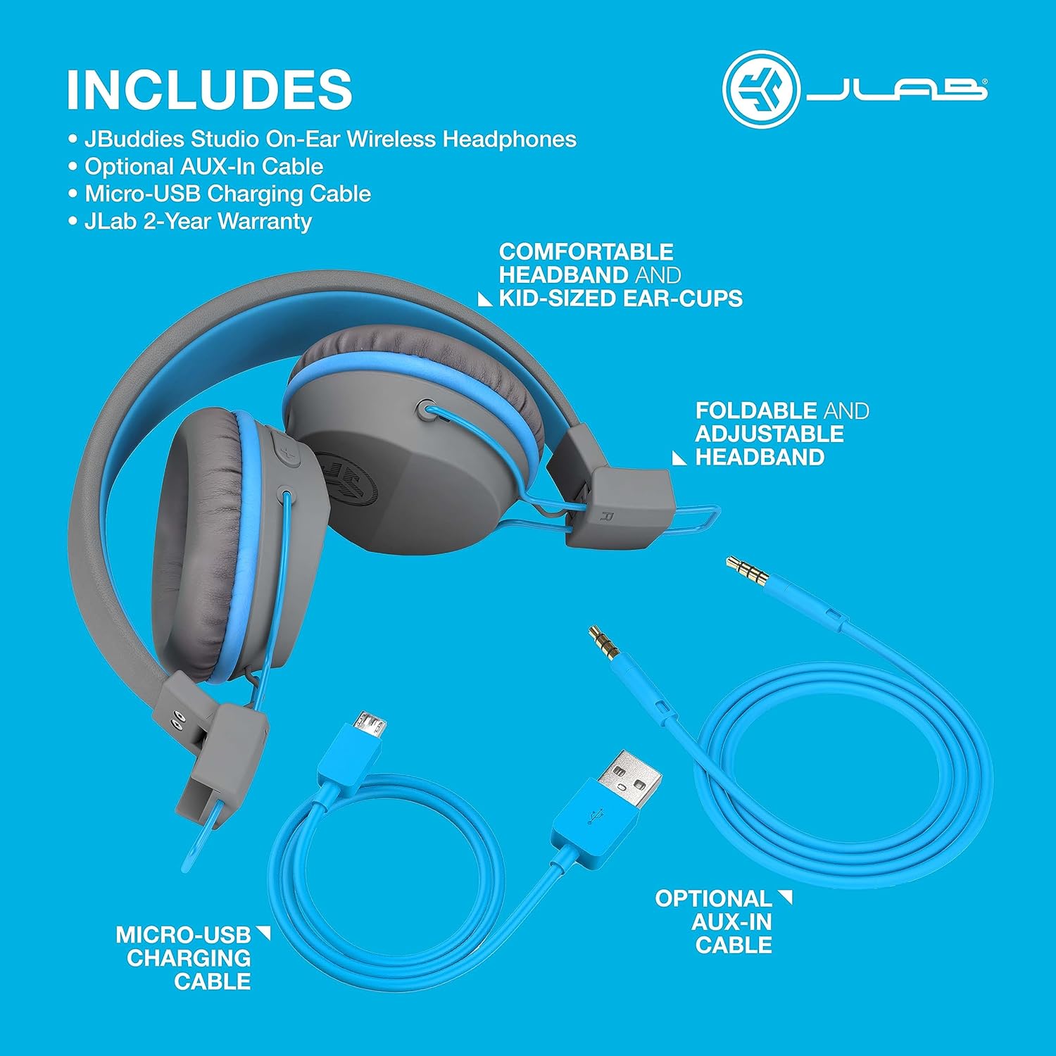 JLab JBuddies Studio Kids Headphones Wireless - Bluetooth Headphones Kids for Boys & Girls, Volume Limited Childrens Earphones with Mic, 24+ Hr Playtime, Noise Isolation, Sharing & Wired Mode, Blue Gray / Blue