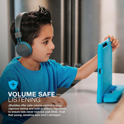 JLab JBuddies Studio Kids Headphones Wireless - Bluetooth Headphones Kids for Boys & Girls, Volume Limited Childrens Earphones with Mic, 24+ Hr Playtime, Noise Isolation, Sharing & Wired Mode, Blue Gray / Blue