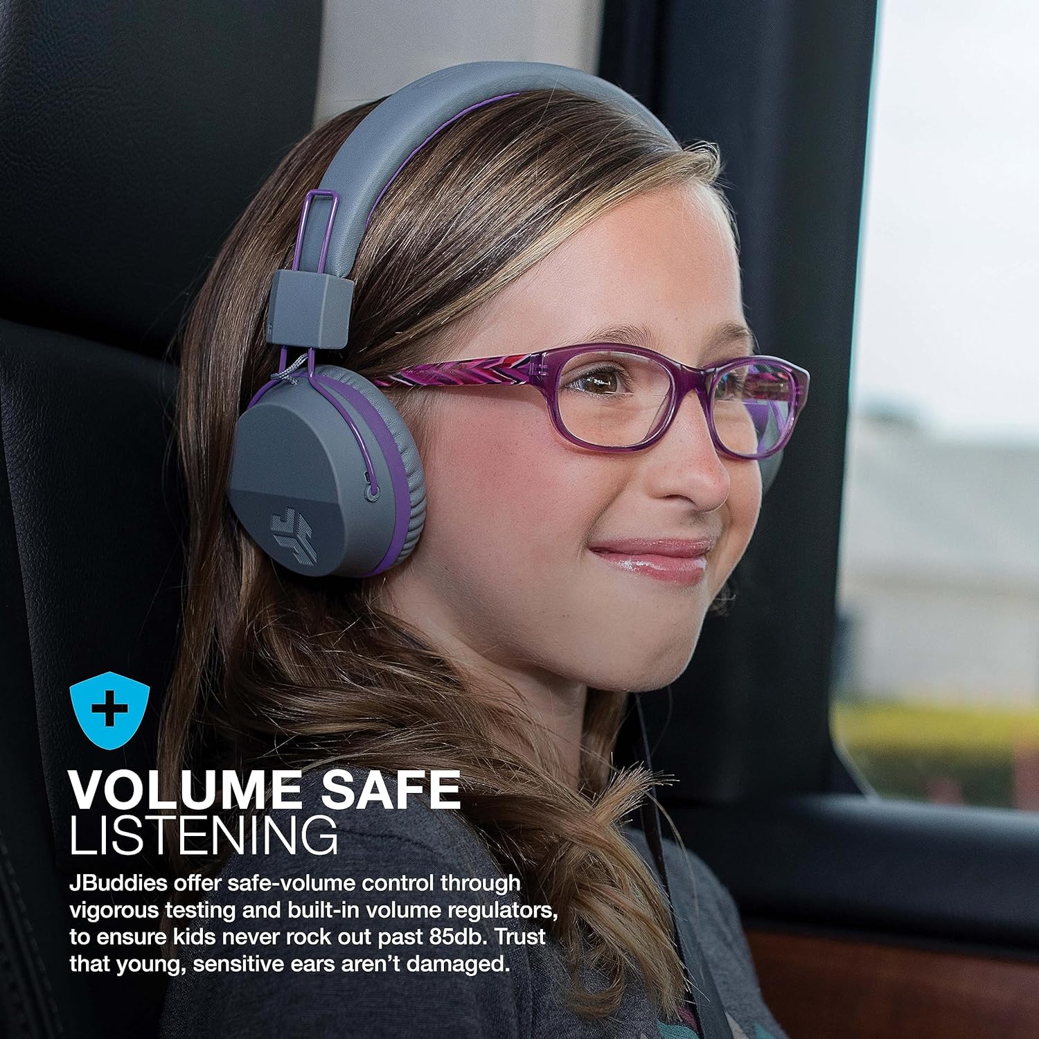 JLab JBuddies Studio Kids Headphones Wireless - Bluetooth Headphones Kids for Girls & Boys, Volume Limited Childrens Earphones with Mic, 24+ Hr Playtime, Noise Isolation, Sharing & Wired Mode, Purple Gray / Purple