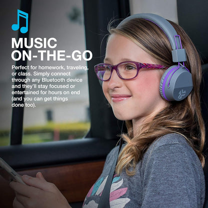 JLab JBuddies Studio Kids Headphones Wireless - Bluetooth Headphones Kids for Girls & Boys, Volume Limited Childrens Earphones with Mic, 24+ Hr Playtime, Noise Isolation, Sharing & Wired Mode, Purple Gray / Purple