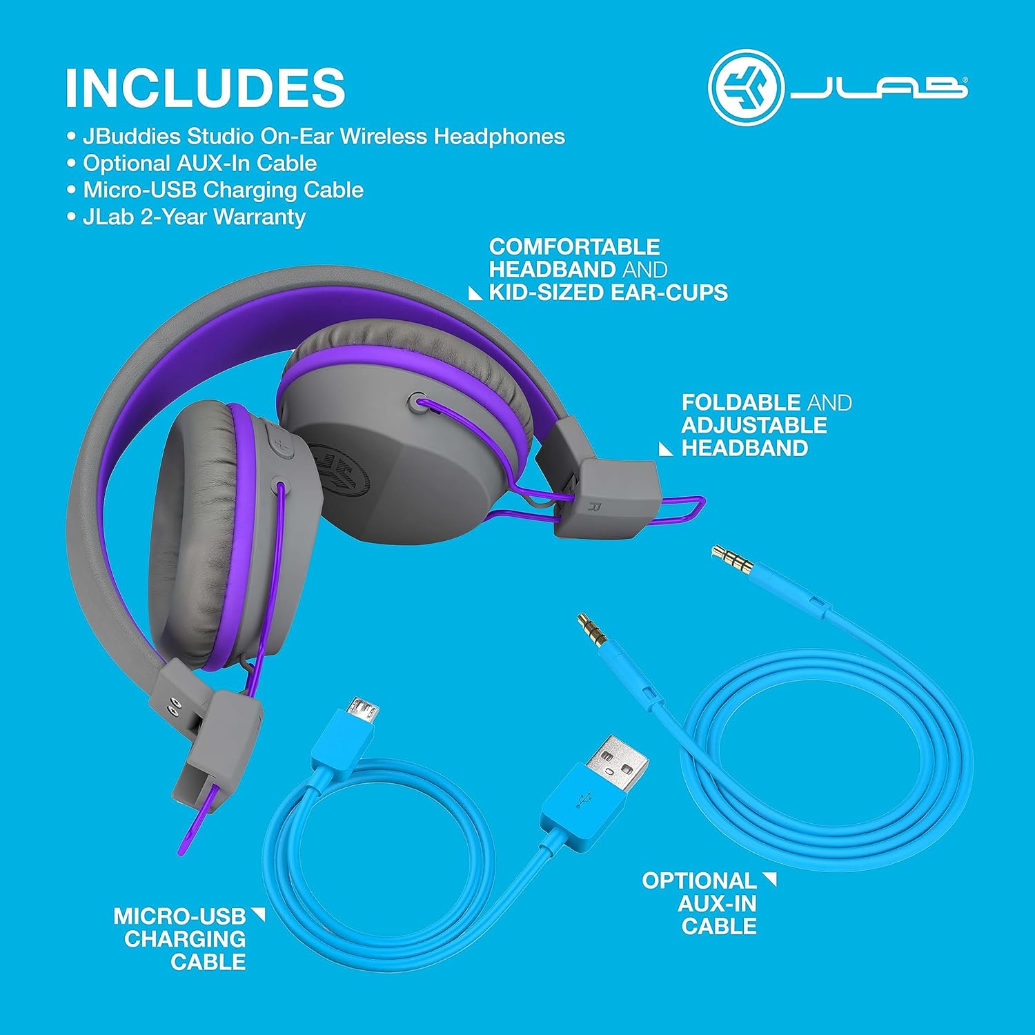 JLab JBuddies Studio Kids Headphones Wireless - Bluetooth Headphones Kids for Girls & Boys, Volume Limited Childrens Earphones with Mic, 24+ Hr Playtime, Noise Isolation, Sharing & Wired Mode, Purple Gray / Purple