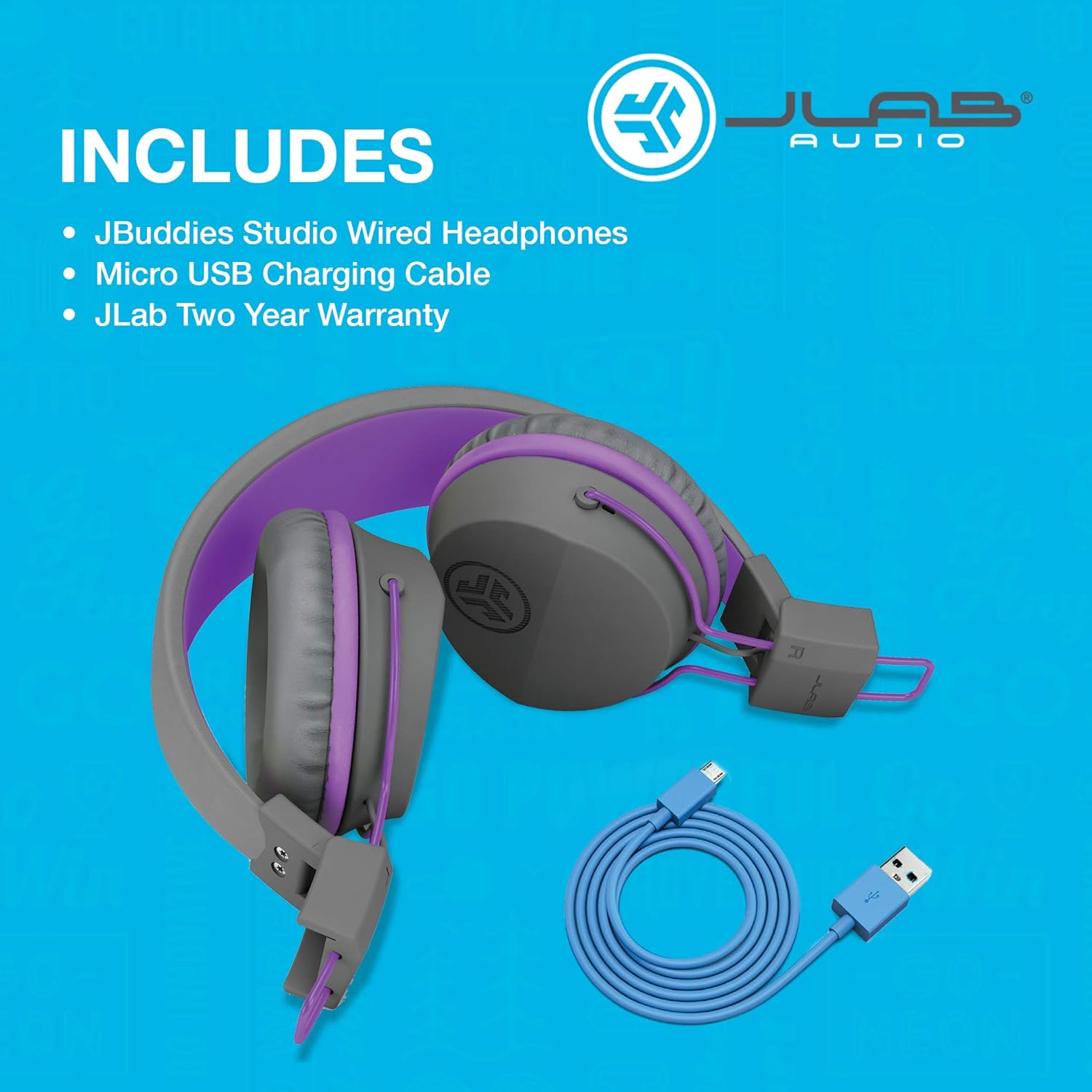 JLab JBuddies Studio Kids Headphones Wireless - Bluetooth Headphones Kids for Girls & Boys, Volume Limited Childrens Earphones with Mic, 24+ Hr Playtime, Noise Isolation, Sharing & Wired Mode, Purple Gray / Purple