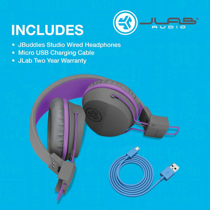 JLab JBuddies Studio Kids Headphones Wireless - Bluetooth Headphones Kids for Girls & Boys, Volume Limited Childrens Earphones with Mic, 24+ Hr Playtime, Noise Isolation, Sharing & Wired Mode, Purple Gray / Purple