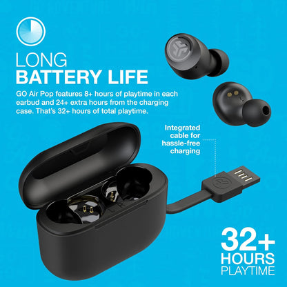 JLab Go Air Pop True Wireless Earbuds, Headphones In Ear, Bluetooth Earphones with Microphone, Wireless Ear Buds, TWS Bluetooth Earbuds with Mic, USB Charging Case, Dual Connect, EQ3 Sound