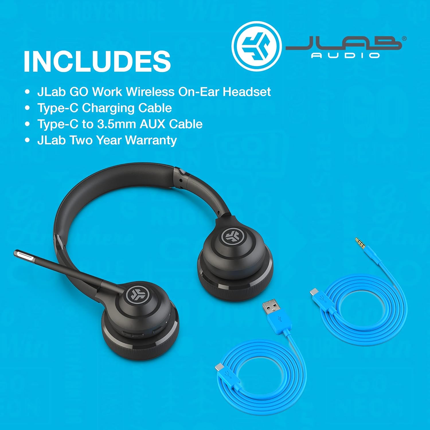 JLab Go Work Wireless Headsets with Microphone - 45+ Playtime Bluetooth PC Headset, Multipoint Connect to Computer & Mobile - On Ear Wired or Wireless Office Laptop Headphones with Microphone