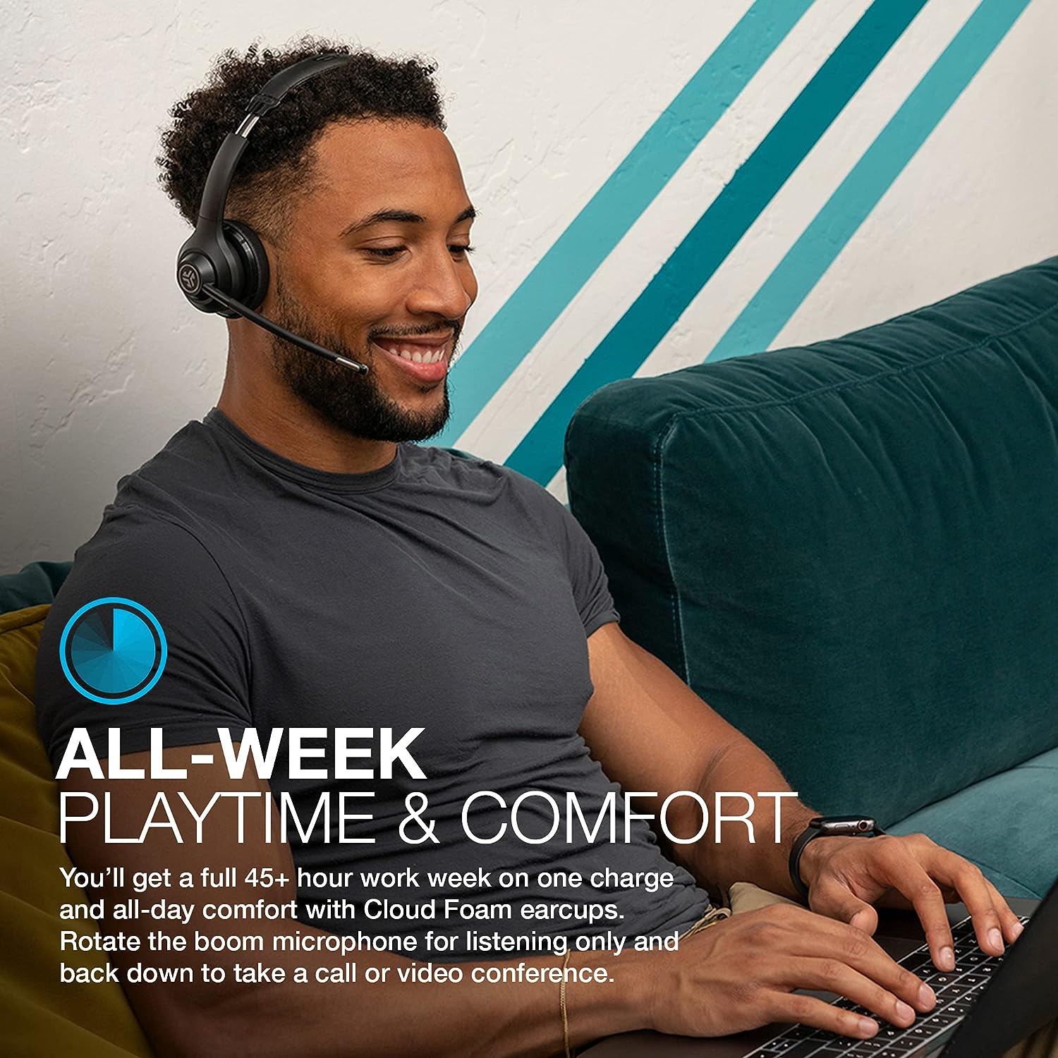 JLab Go Work Wireless Headsets with Microphone - 45+ Playtime Bluetooth PC Headset, Multipoint Connect to Computer & Mobile - On Ear Wired or Wireless Office Laptop Headphones with Microphone