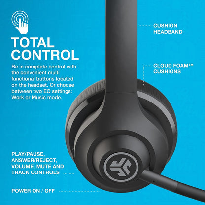 JLab Go Work Wireless Headsets with Microphone - 45+ Playtime Bluetooth PC Headset, Multipoint Connect to Computer & Mobile - On Ear Wired or Wireless Office Laptop Headphones with Microphone