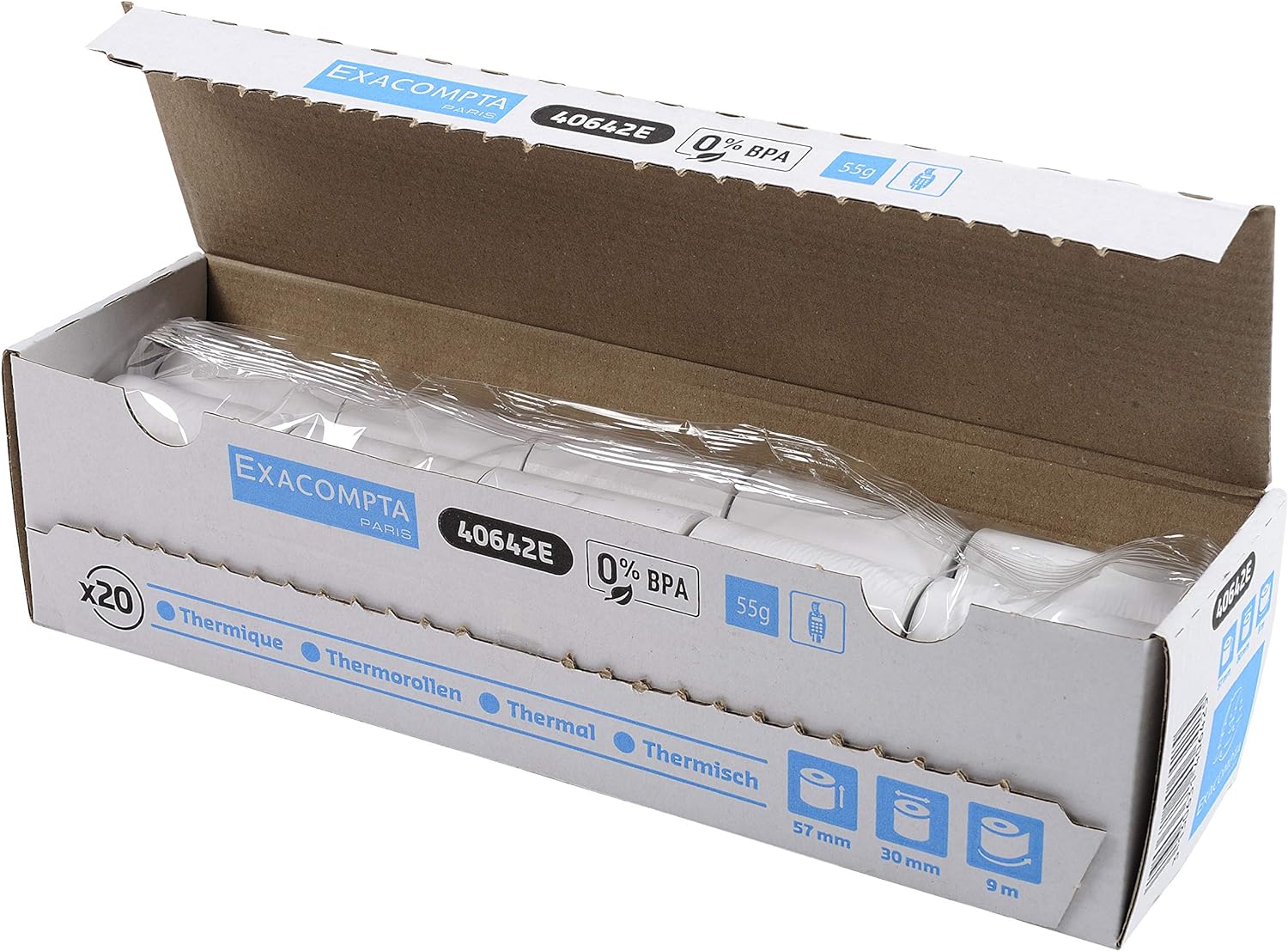 Exacompta - Ref. 40642E - Pack of 20 rolls for bank card tickets 57x30 mm - 1 thermal ply 55g/m2 BPA free. - Yardage (+ or - 2m): 9 m