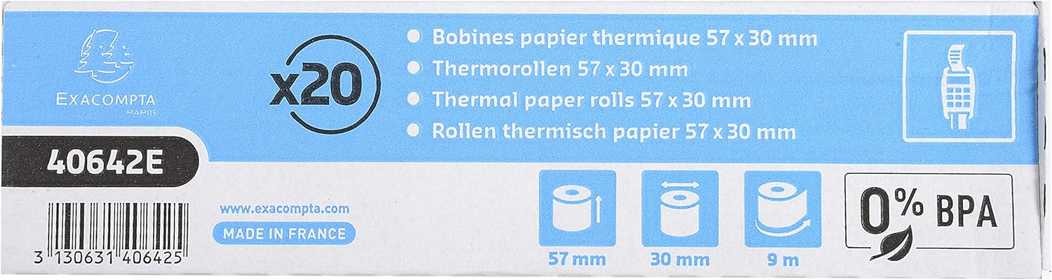 Exacompta - Ref. 40642E - Pack of 20 rolls for bank card tickets 57x30 mm - 1 thermal ply 55g/m2 BPA free. - Yardage (+ or - 2m): 9 m