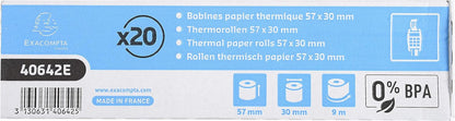 Exacompta - Ref. 40642E - Pack of 20 rolls for bank card tickets 57x30 mm - 1 thermal ply 55g/m2 BPA free. - Yardage (+ or - 2m): 9 m