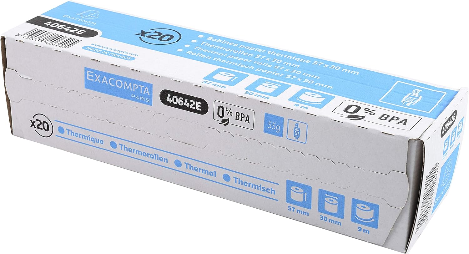Exacompta - Ref. 40642E - Pack of 20 rolls for bank card tickets 57x30 mm - 1 thermal ply 55g/m2 BPA free. - Yardage (+ or - 2m): 9 m