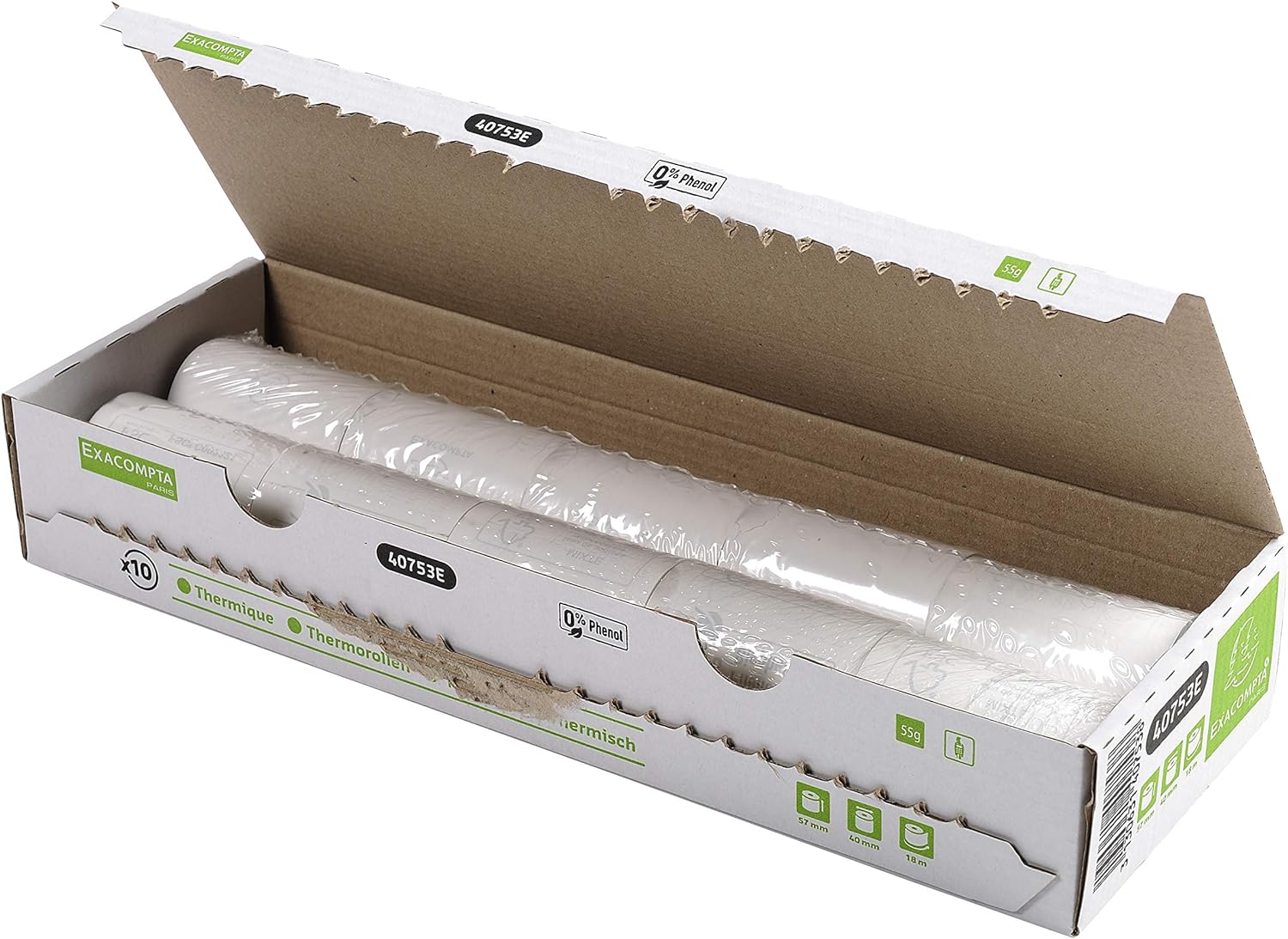 Exacompta - Rollo de papel térmico (55 g, 1 capa, 57 x 40 x 12, 10 unidades