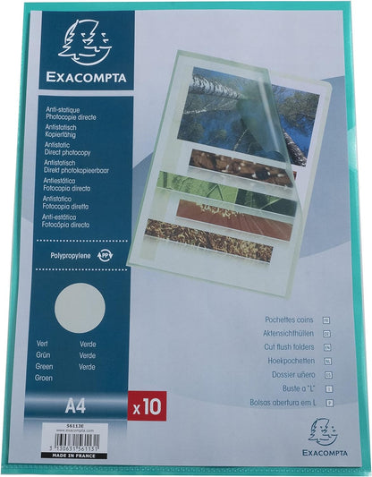Exacompta - Ref 56113E - Grained PP Cut Flush Folder - Suitable for A4 Documents, 0.1mm Polypropylene, Top-Right Opening, Cut Out For Easy Opening - Green (Bag of 10