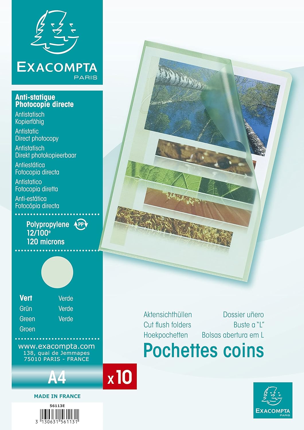 Exacompta - Ref 56113E - Grained PP Cut Flush Folder - Suitable for A4 Documents, 0.1mm Polypropylene, Top-Right Opening, Cut Out For Easy Opening - Green (Bag of 10