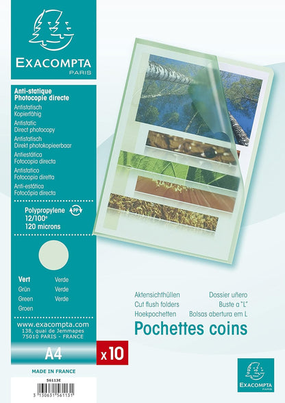 Exacompta - Ref 56113E - Grained PP Cut Flush Folder - Suitable for A4 Documents, 0.1mm Polypropylene, Top-Right Opening, Cut Out For Easy Opening - Green (Bag of 10