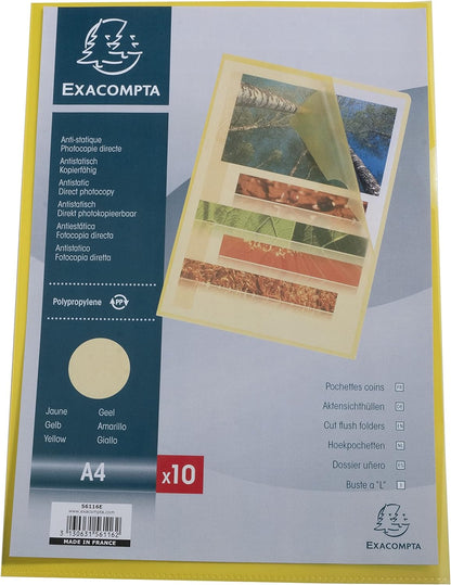 Exacompta - Ref 56116E - Grained PP Cut Flush Folder - Suitable for A4 Documents, 0.1mm Polypropylene, Top-Right Opening, Cut Out For Easy Opening - Yellow (Bag of 10