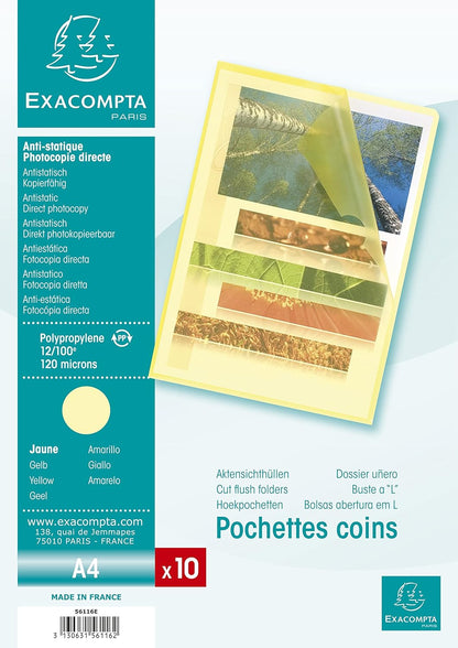 Exacompta - Ref 56116E - Grained PP Cut Flush Folder - Suitable for A4 Documents, 0.1mm Polypropylene, Top-Right Opening, Cut Out For Easy Opening - Yellow (Bag of 10