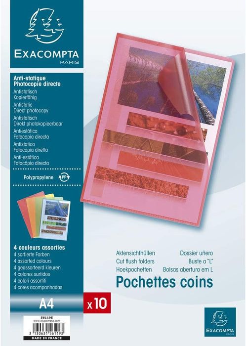 Exacompta - Ref 56119E - Grained PP Cut Flush Folder - Suitable for A4 Documents, 0.1mm Polypropylene, Top-Right Opening, Cut Out For Easy Opening - Assorted Colours (Bag of 10) Pack of 10 Grained Assorted
