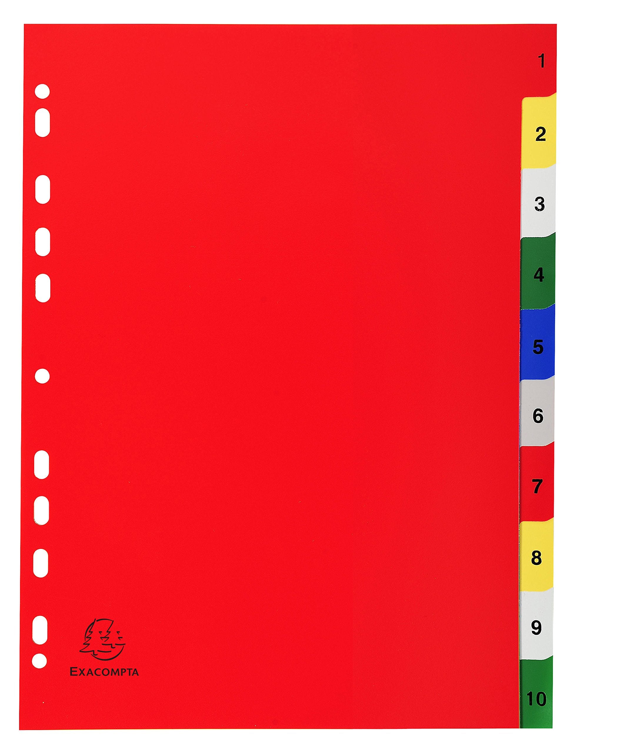 Exacompta - Ref 1510E - PP Printed Indices - For Use With A4 Documents, 0.1mm Polypropylene, Pre-Punched, Soft & Tear Resistant - 10 Divider Parts (1-10) - White With Coloured Tabs