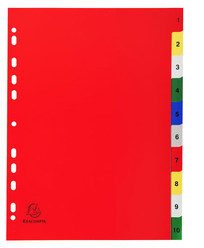 Exacompta - Ref 1510E - PP Printed Indices - For Use With A4 Documents, 0.1mm Polypropylene, Pre-Punched, Soft & Tear Resistant - 10 Divider Parts (1-10) - White With Coloured Tabs
