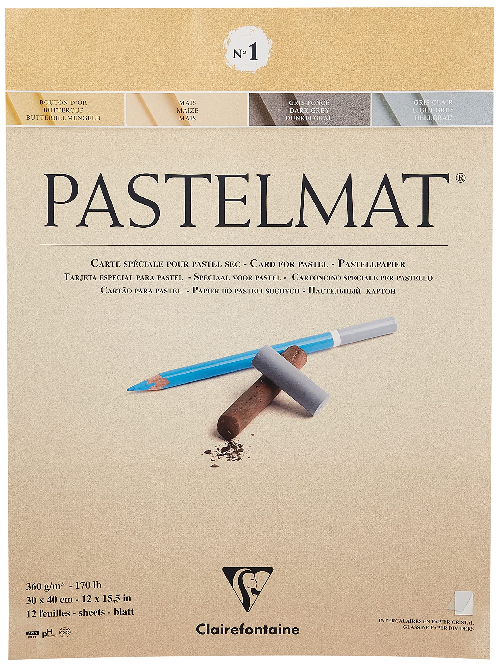 Clairefontaine - Ref 96018C - Pastelmat Pastel Card Pad No.1 (12 Sheets) - 360gsm Card - 30 x 40cm - Assorted Colours - Specially Formulated For Use With Pastels
