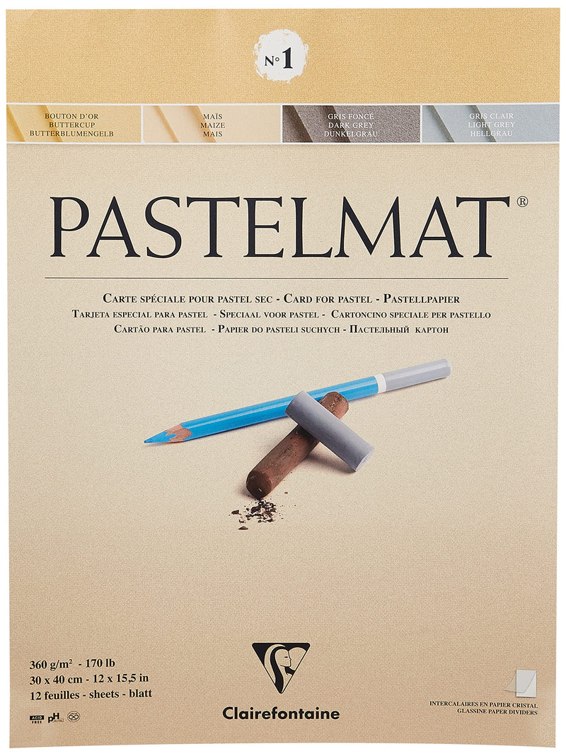 Clairefontaine - Ref 96018C - Pastelmat Pastel Card Pad No.1 (12 Sheets) - 360gsm Card - 30 x 40cm - Assorted Colours - Specially Formulated For Use With Pastels