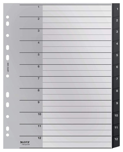 Leitz Index Folder Divider, 1-12 Numerical Tabs, A4, Extra Wide, 90% Recycled Plastic, Eco Friendly, Premium Quality, Recycle Range, 12090095, Black