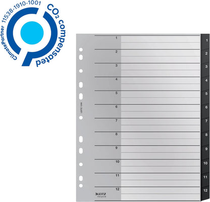 Leitz Index Folder Divider, 1-12 Numerical Tabs, A4, Extra Wide, 90% Recycled Plastic, Eco Friendly, Premium Quality, Recycle Range, 12090095, Black