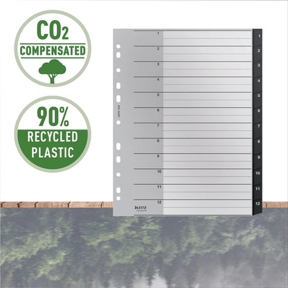 Leitz Index Folder Divider, 1-12 Numerical Tabs, A4, Extra Wide, 90% Recycled Plastic, Eco Friendly, Premium Quality, Recycle Range, 12090095, Black