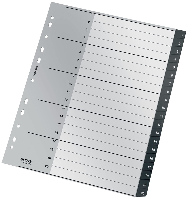 Leitz Index Folder Divider, 1-20 Numerical Tabs, A4, Extra Wide, 90% Recycled Plastic, Eco Friendly, Premium Quality, Recycle Range, 12110095, Black, 30.9 x 24.3 x 0.6 cm
