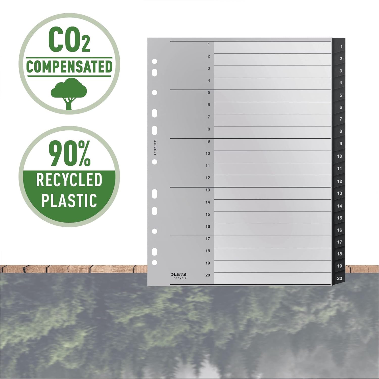 Leitz Index Folder Divider, 1-20 Numerical Tabs, A4, Extra Wide, 90% Recycled Plastic, Eco Friendly, Premium Quality, Recycle Range, 12110095, Black, 30.9 x 24.3 x 0.6 cm